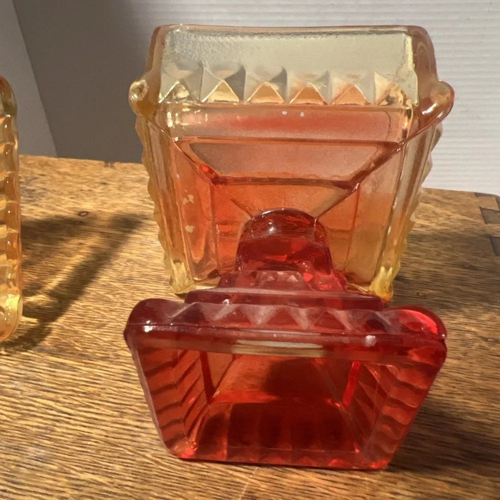 Vintage Jeannette Glass Pedestal Candy Dish Lid Red Yellow Square MCM 6.5in